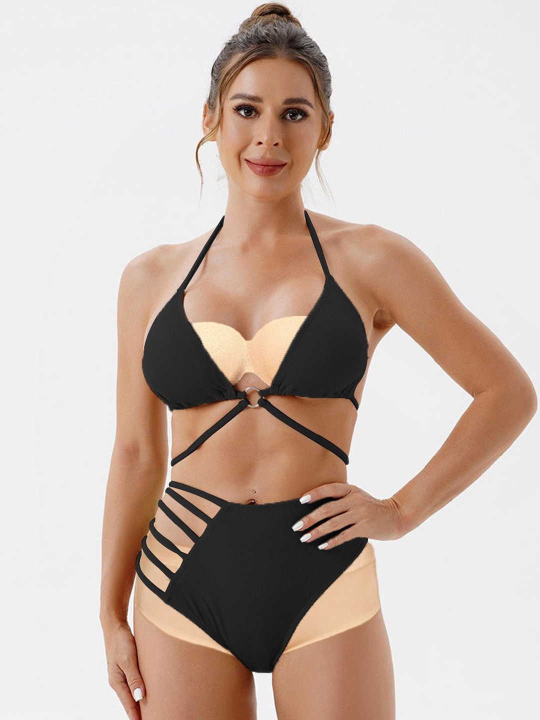 

FIMBUL Self Design Halter Neck Triangle Side Panty Bikini Set, Black