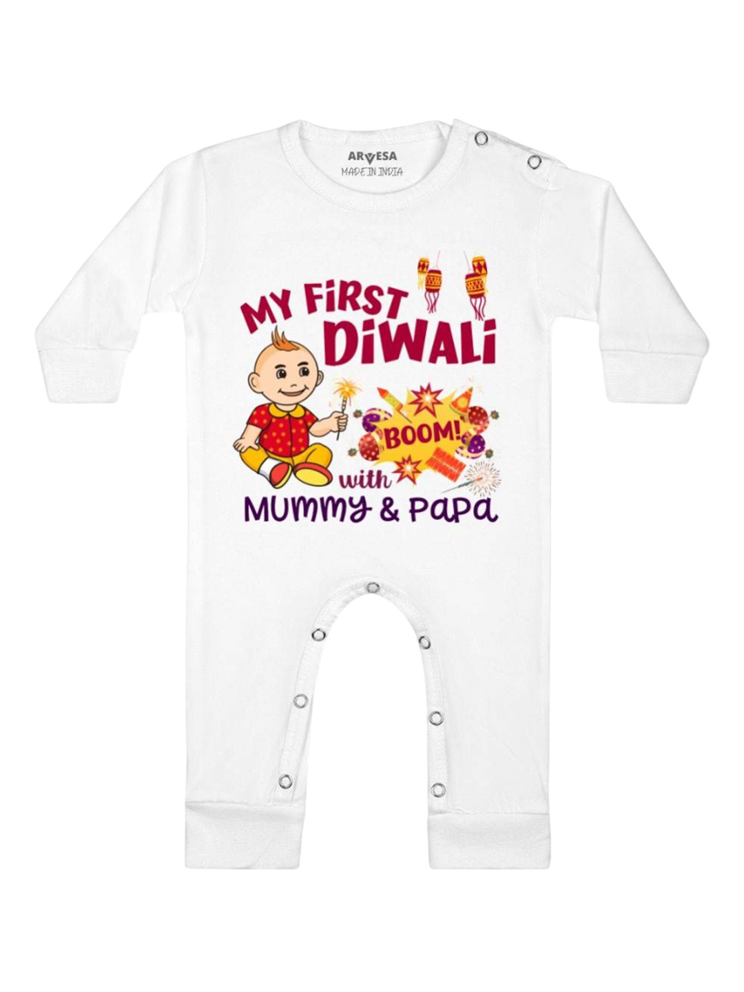 

Arvesa First Diwali Printed Baby Romper, White