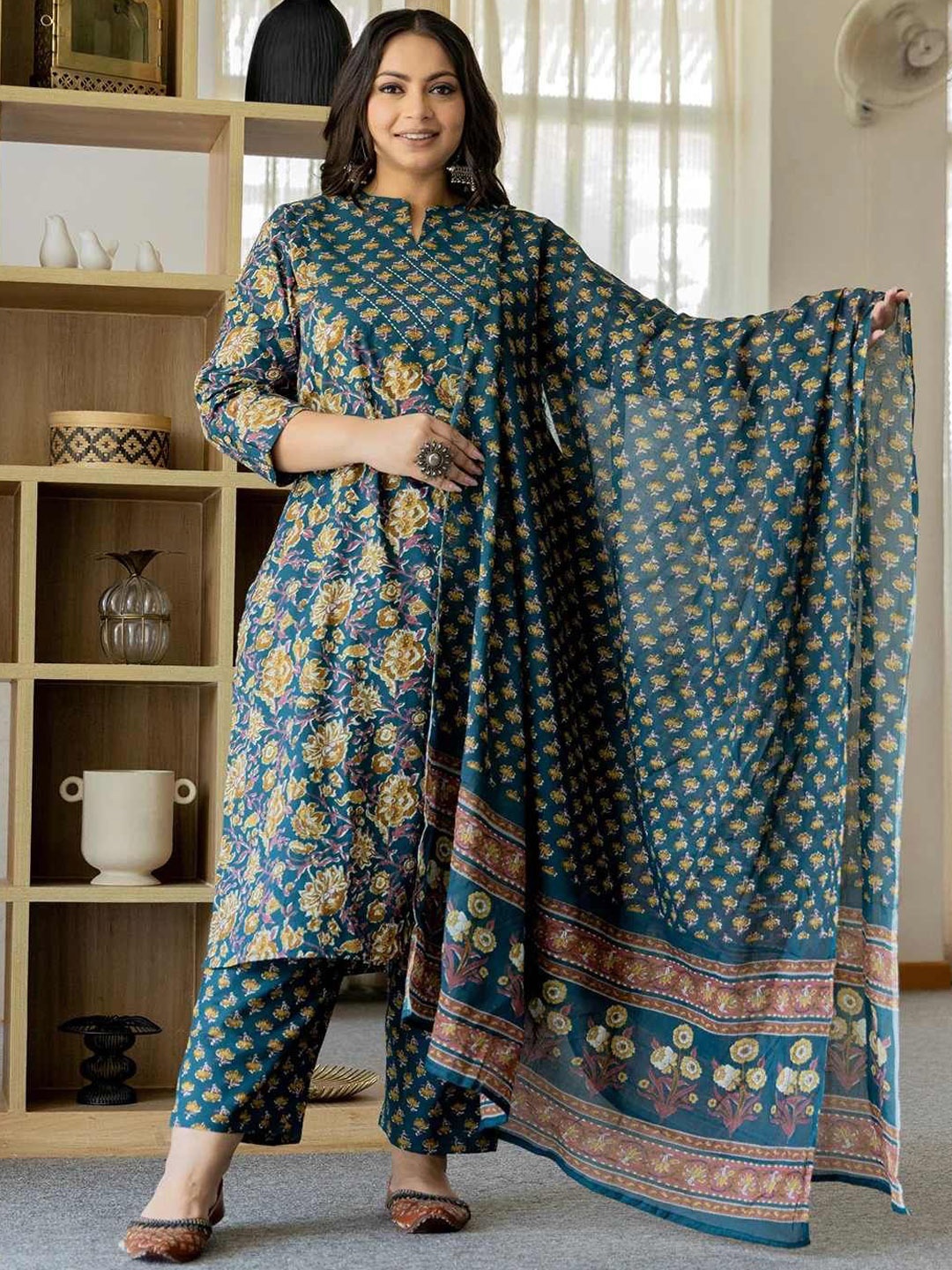 

MissKurti Plus Size Floral Printed Notch Neck Pure Cotton Kurta With Trousers And Dupatta, Teal