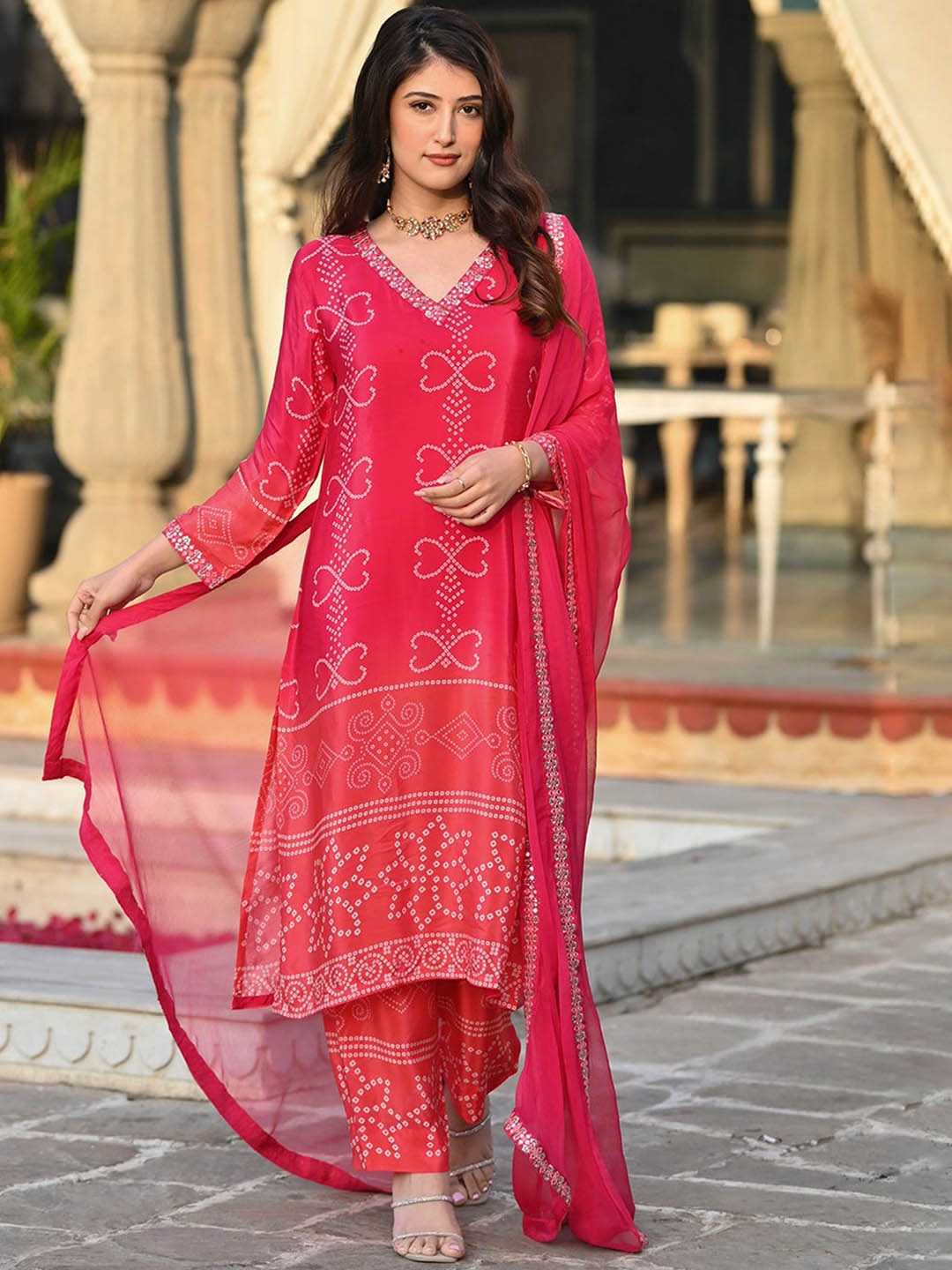 

Divyadham Textiles Floral Embroidered V-Neck Straight Kurta with Pyjamas & With Dupatta, Pink