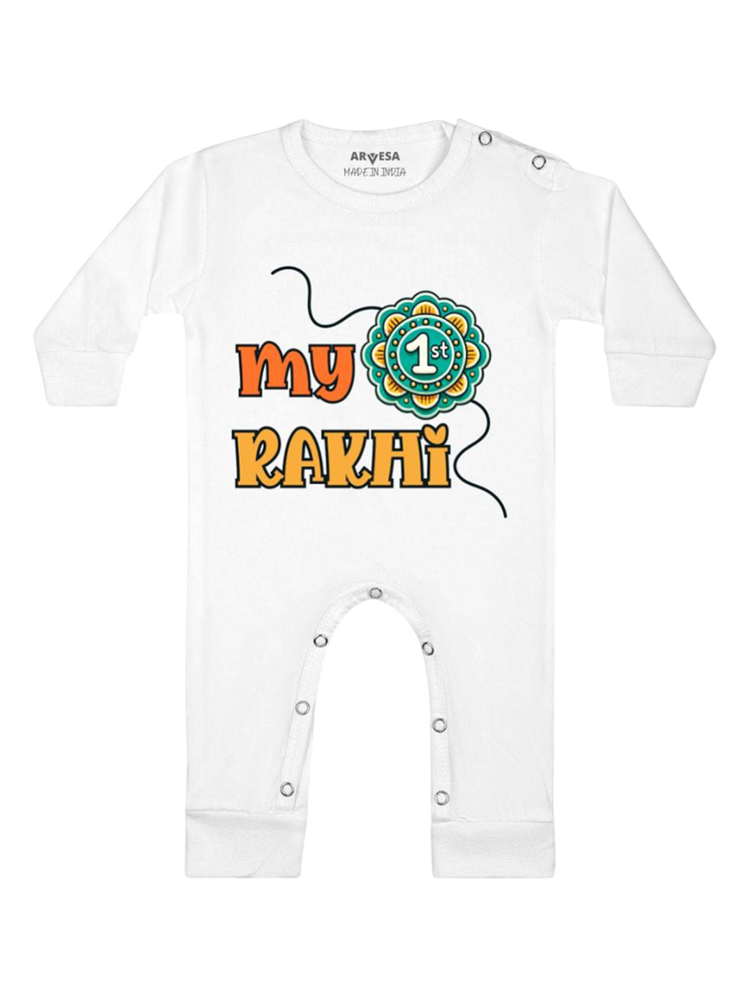 

Arvesa First Rakhi Printed Baby Romper, White