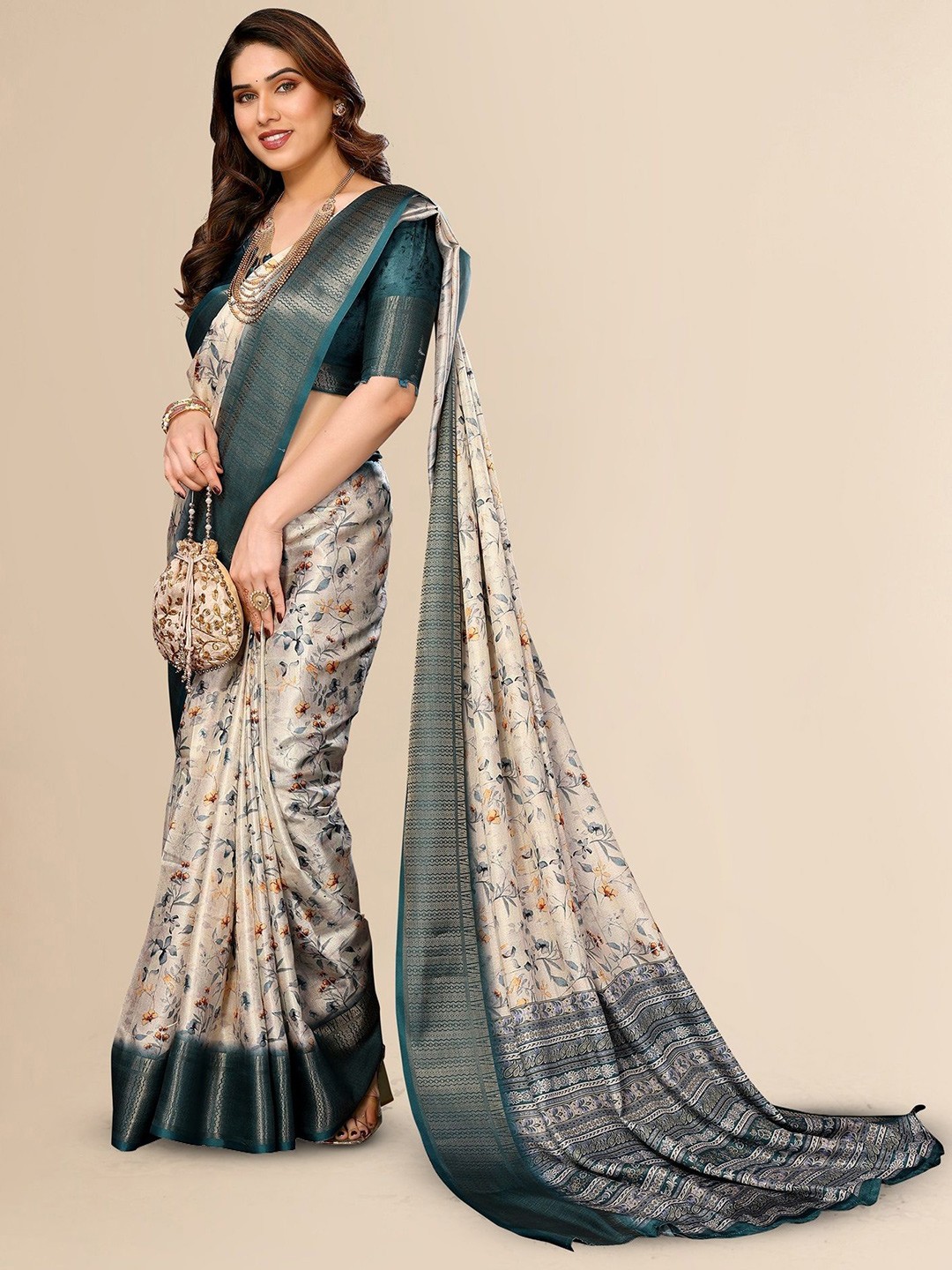 

Fashion FRICKS Floral Zari Silk Cotton Saree, Turquoise blue