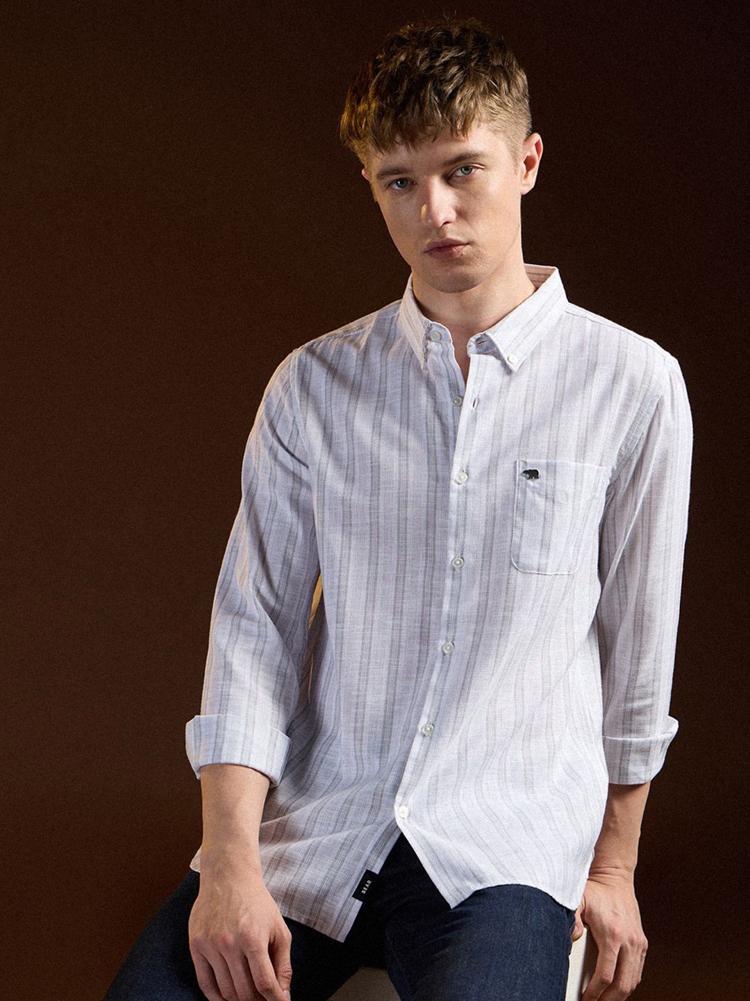 

THE BEAR HOUSE Men Slim Fit Opaque Striped Casual Shirt, White