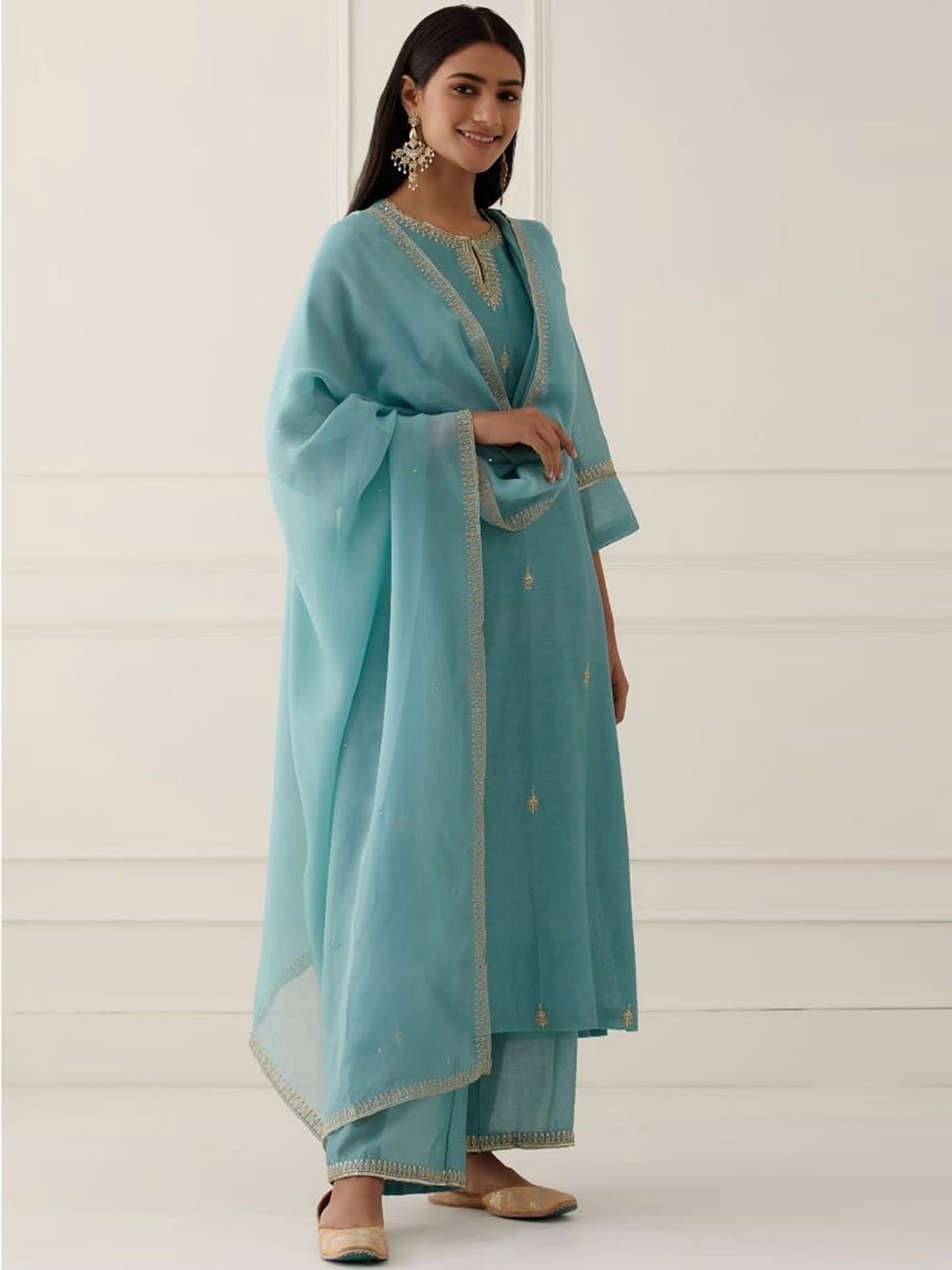 

ZEEPKART Ethnic Motifs Embroidered Keyhole Neck Sequined Kurta With Trouser & Dupatta, Teal