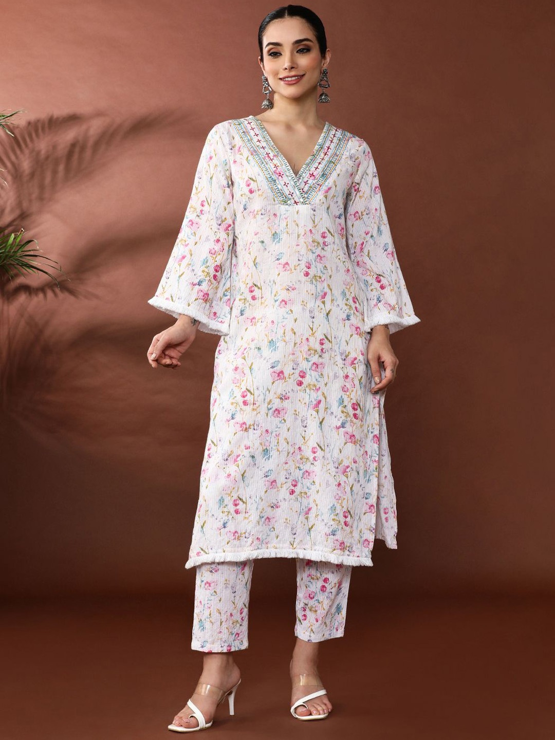 

Anouk Floral Printed Embroidered Thread Work Pure Cotton Straight Kurta With Trousers, White