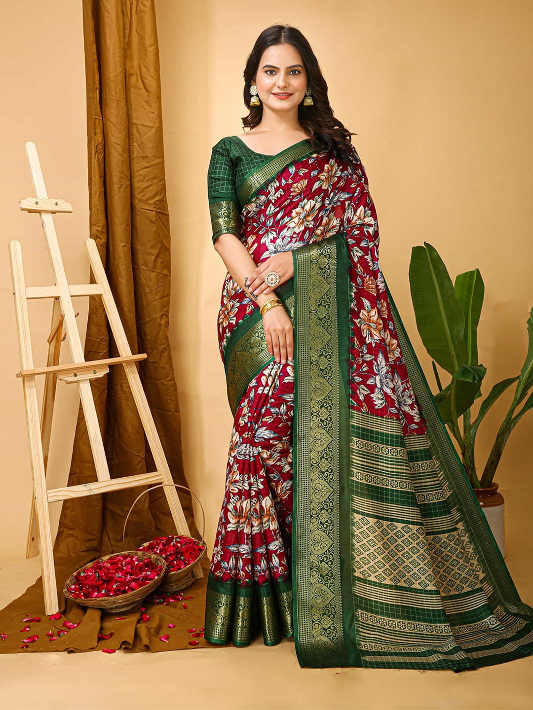 

V3 FASHION STUDIO Ethnic Motifs Zari Art Silk Saree, Red