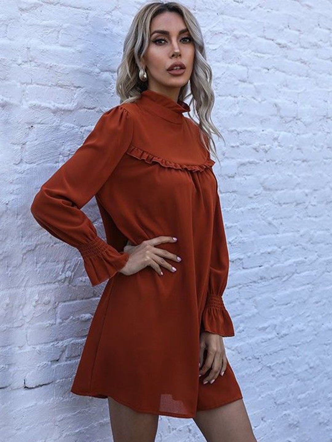 

HERE&NOW Bell Sleeve Drop-Waist Mini Dress, Rust