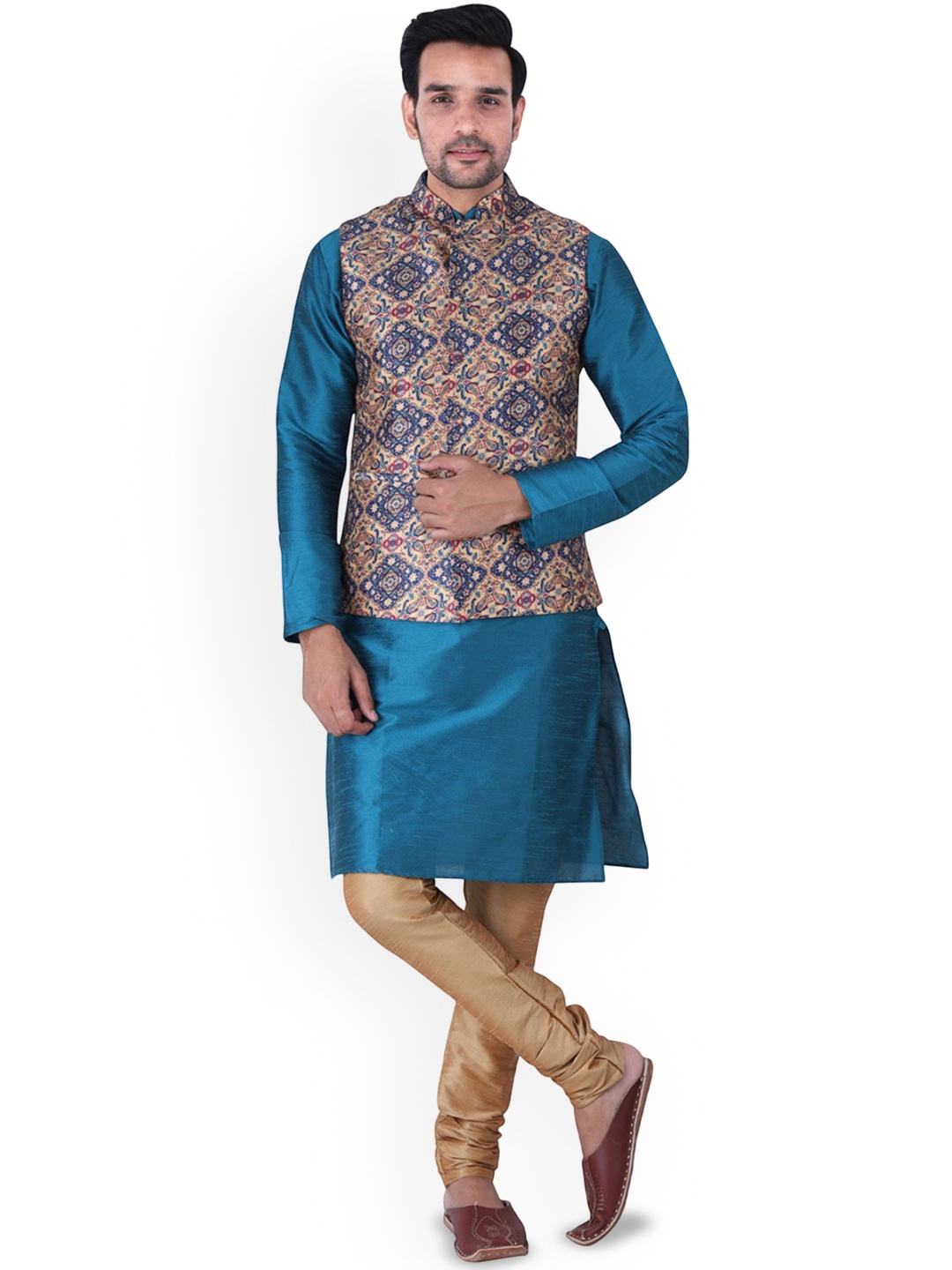 

Sadree Mandarin Collar Dupion Silk Kurta And Churidar With Nehru Jacket Set, Blue