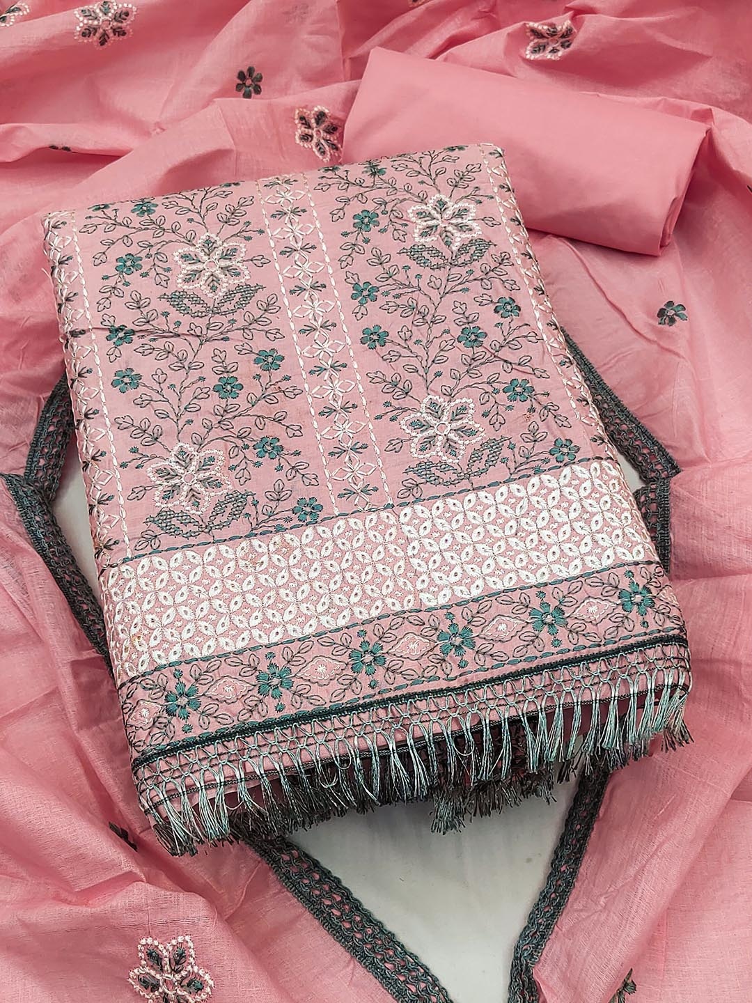 

SAINOOR Floral Embroidered Pure Cotton Semi-Stitched Dress Material, Pink
