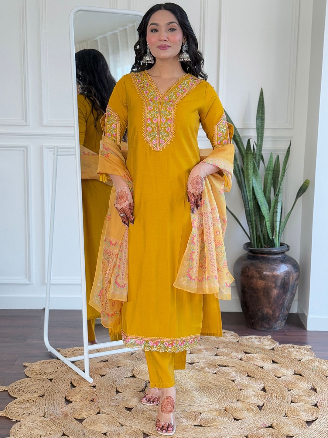 

NIZA FASHION Women Floral Embroidered Regular Kurta with Trousers & With Dupatta, Mustard