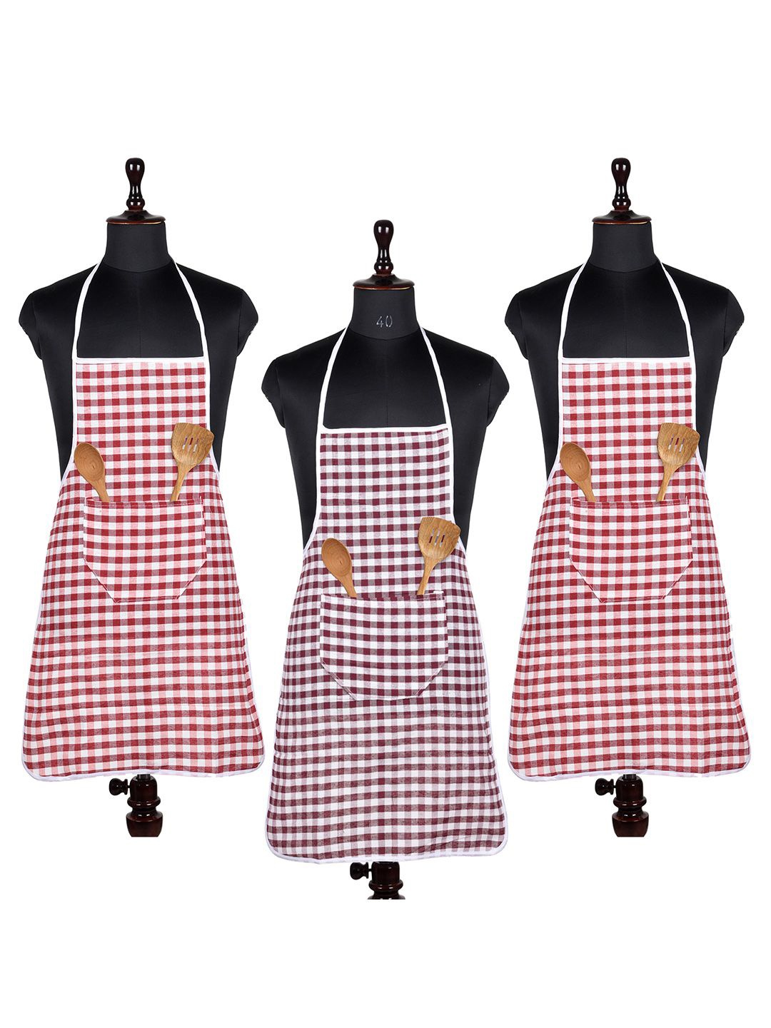 

Kuber Industries White & Red 3 Pieces Checked Cotton Skin Friendly Water Resistant Aprons