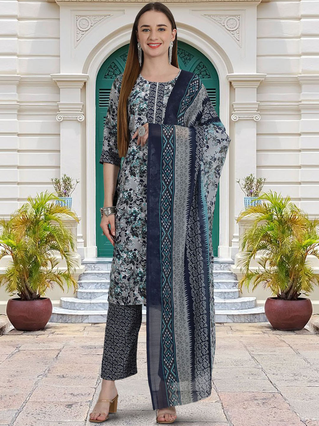

Moda Rapido Navy Blue & White Floral Printed Straight Kurta with Trousers & Dupatta