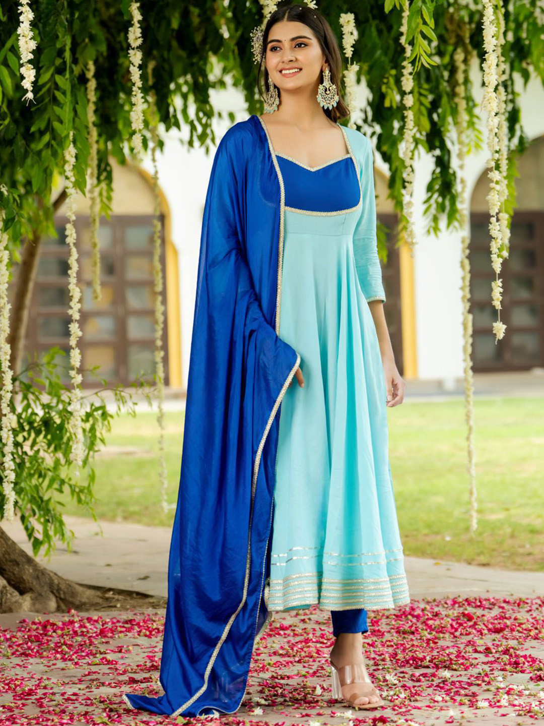 

GoSriKi Pleated Gotta Patti Sweetheart Neck Anarkali Kurta With Trousers & Dupatta, Blue