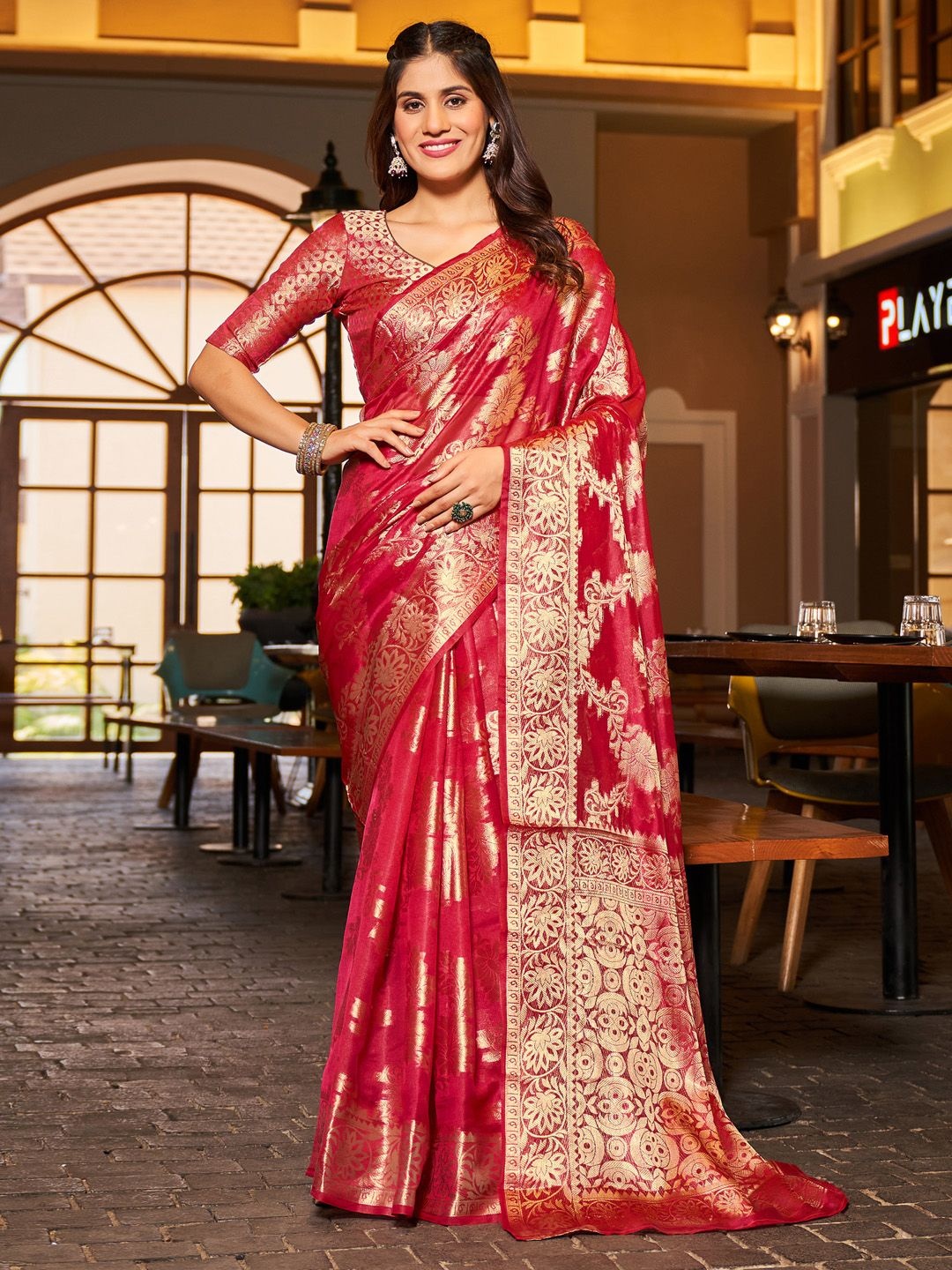 

Mitera Ethnic Motifs Zari Organza Banarasi Saree, Red