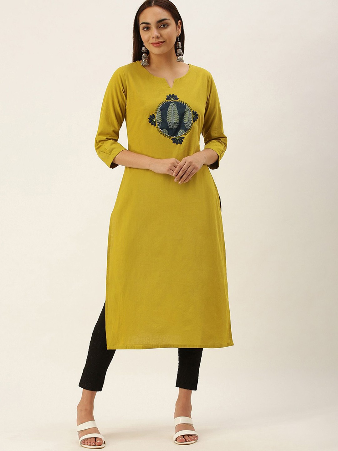 

HRITIKA Embroidered Pure Cotton Straight Kurta, Yellow