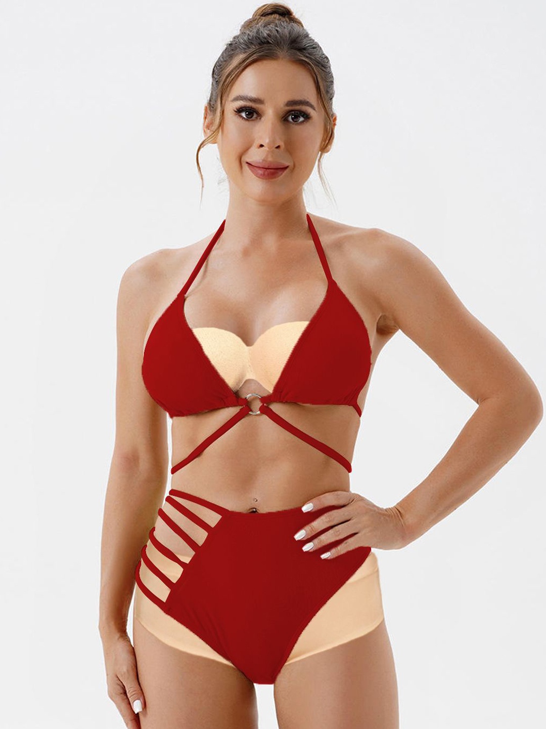 

FIMBUL Self Design Halter Neck Triangle Side Panty Bikini Set, Red