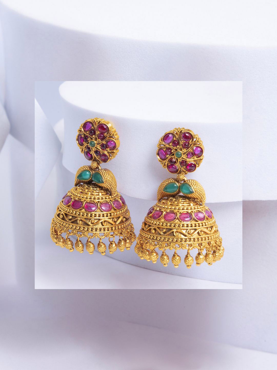 

South Temple Jewellery Gold-Plated Artificial Stoned Studded Dome Shaped Jhumkas