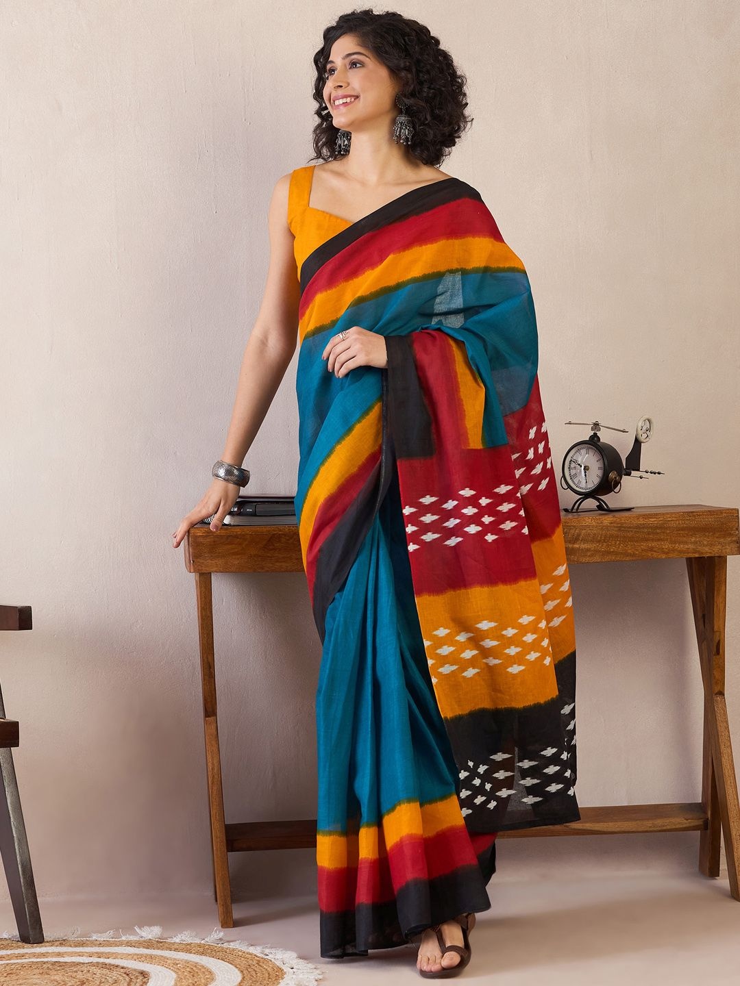 

Mitera Striped Ready to Wear Bagh Saree, Teal