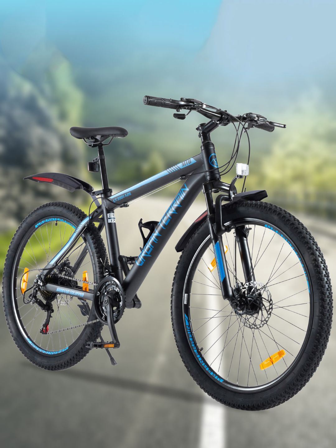 

URBAN TERRAIN UT3001A26 Mountain Bike 26T With 21 Speed Shimano Gear & Dual Disc Brakes, Black