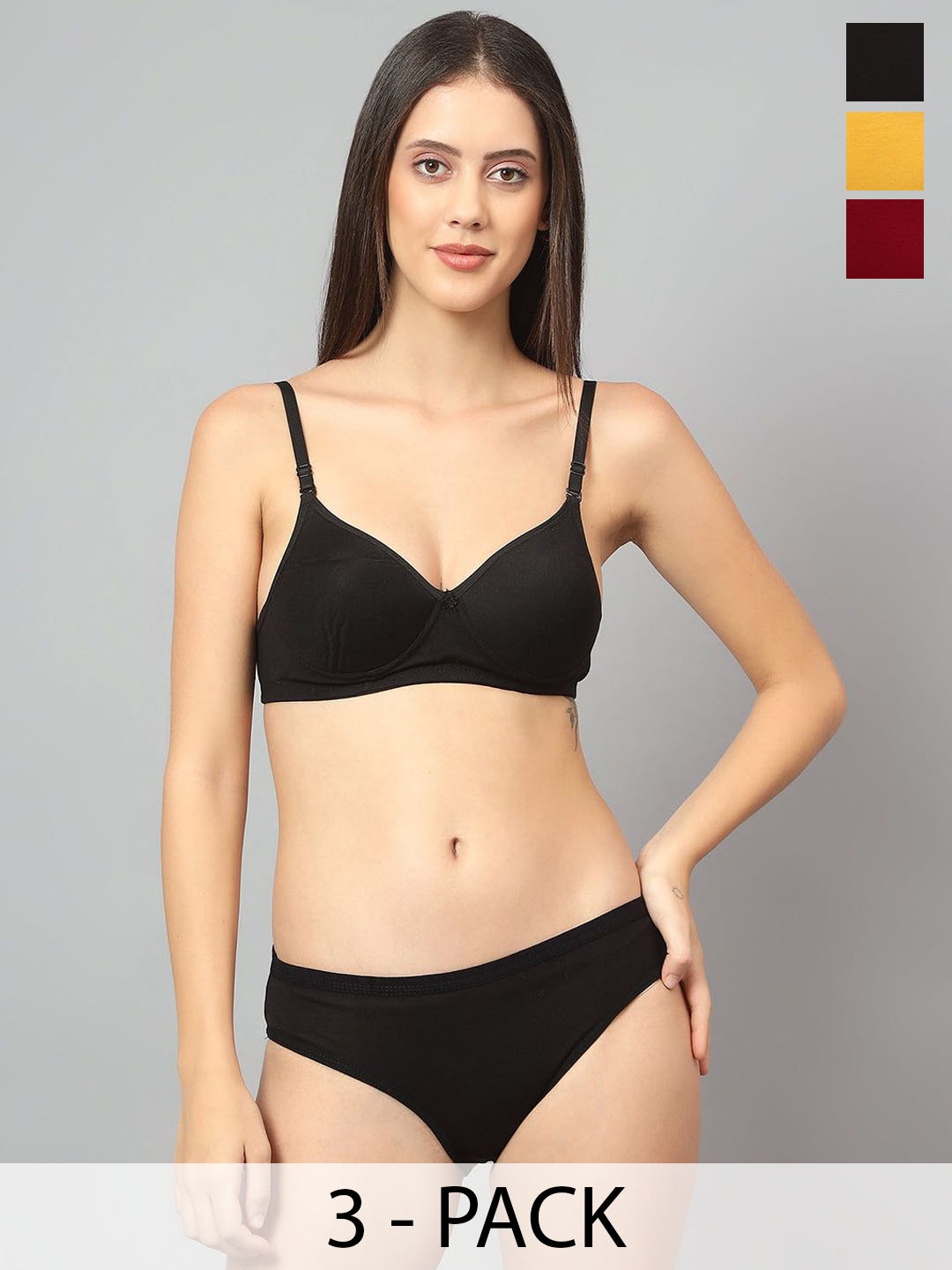 

Designer Bugs Pack Of 3 Cotton Non Padded Non Wired Lingerie Set NPLS-B-Y-M-30B, Black