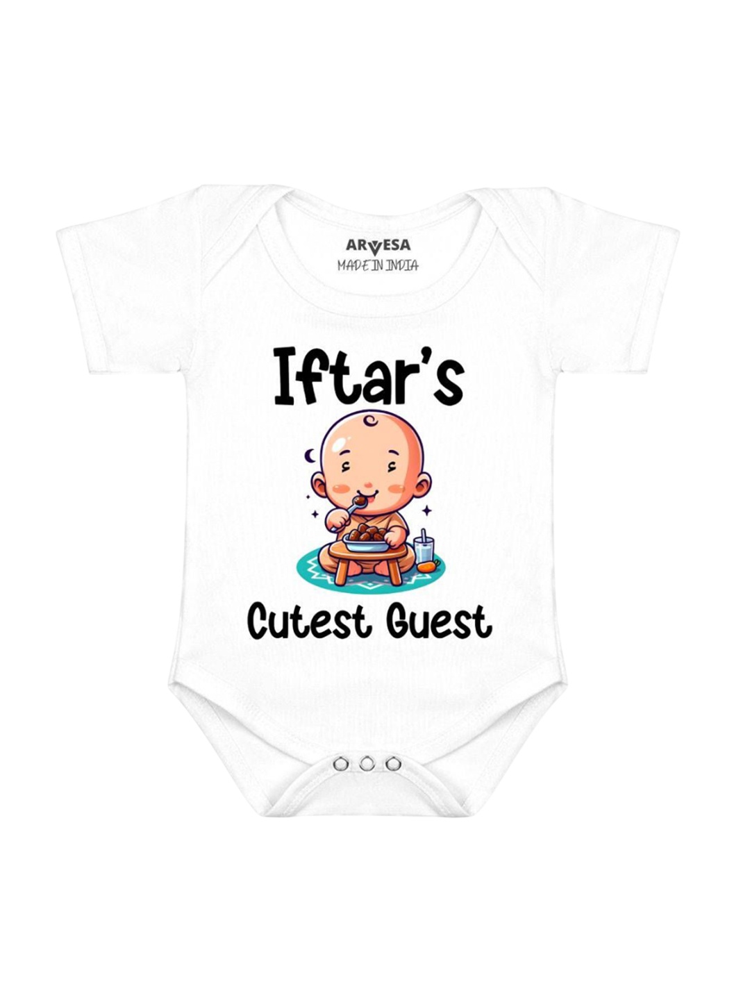 

Arvesa Infants Iftar Cutest Guest Printed Envelope Neck Bodysuit, White