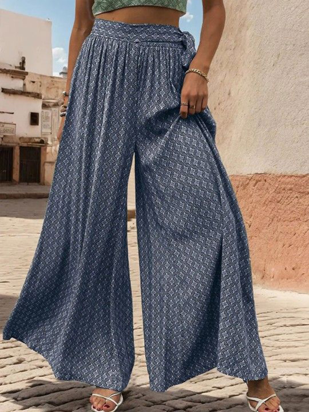 

HERE&NOW Women Ethnic Motifs Printed Flared Ethnic Palazzos, Blue