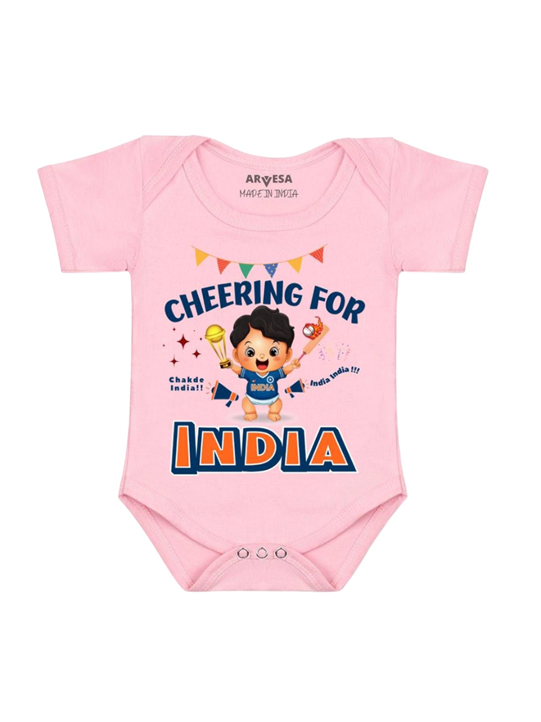 

Arvesa Kids Cheering For India Printed Romper, Pink