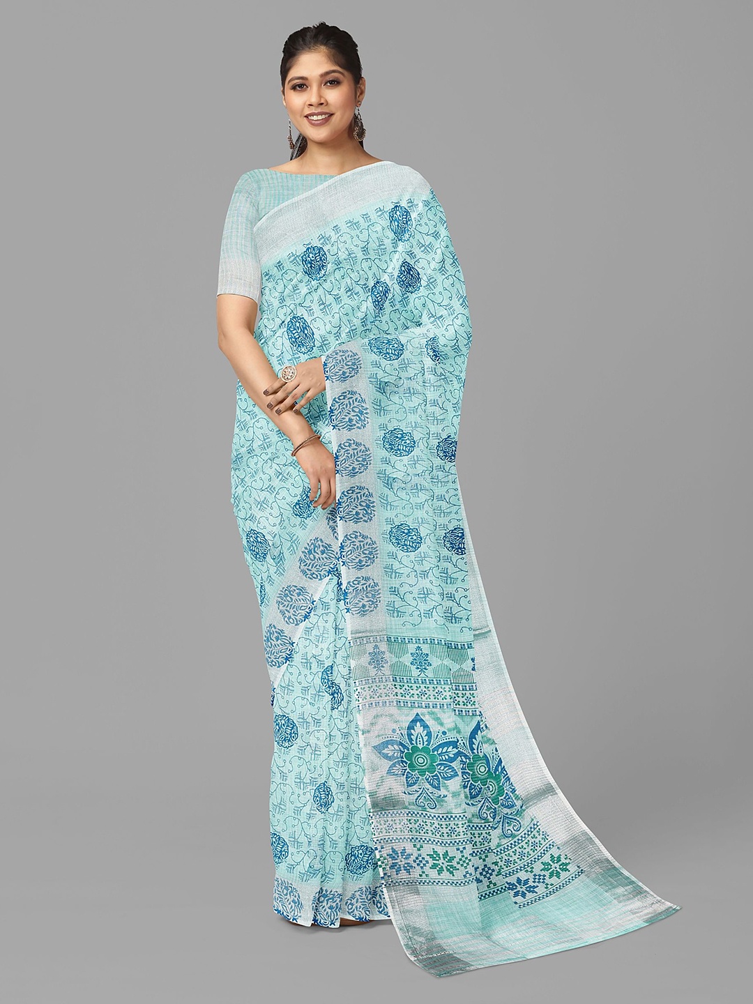 

The Chennai Silks Ethnic Motifs Linen Blend Bhagalpuri Saree, Blue