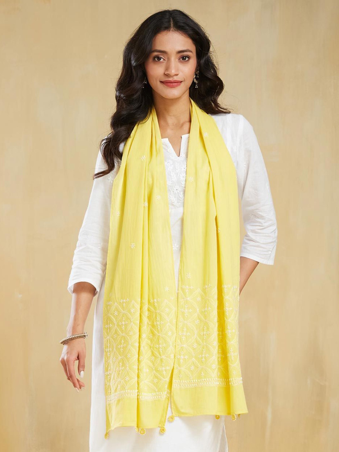 

Fabindia Women Embroidered Stole, Yellow