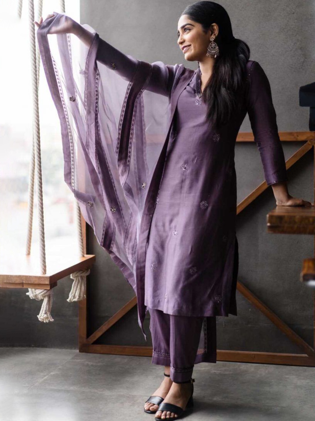 

ZEEPKART Floral Embroidered V-Neck Sequinned Straight Kurta With Trousers & Dupatta, Purple