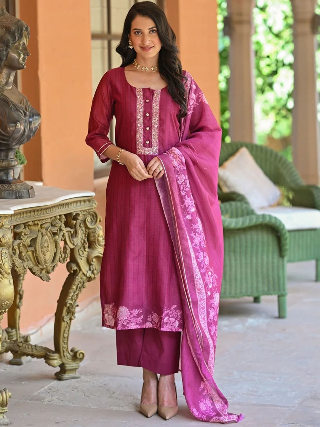

NIZA FASHION Women Ethnic Motifs Embroidered Regular Kurta with Trousers & With Dupatta, Pink