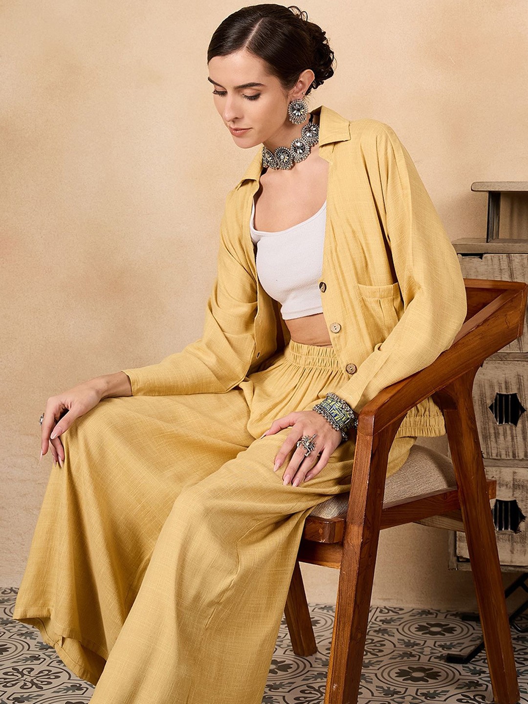 

Sangria Shirt Collar Neck Shirt With Trousers, Yellow