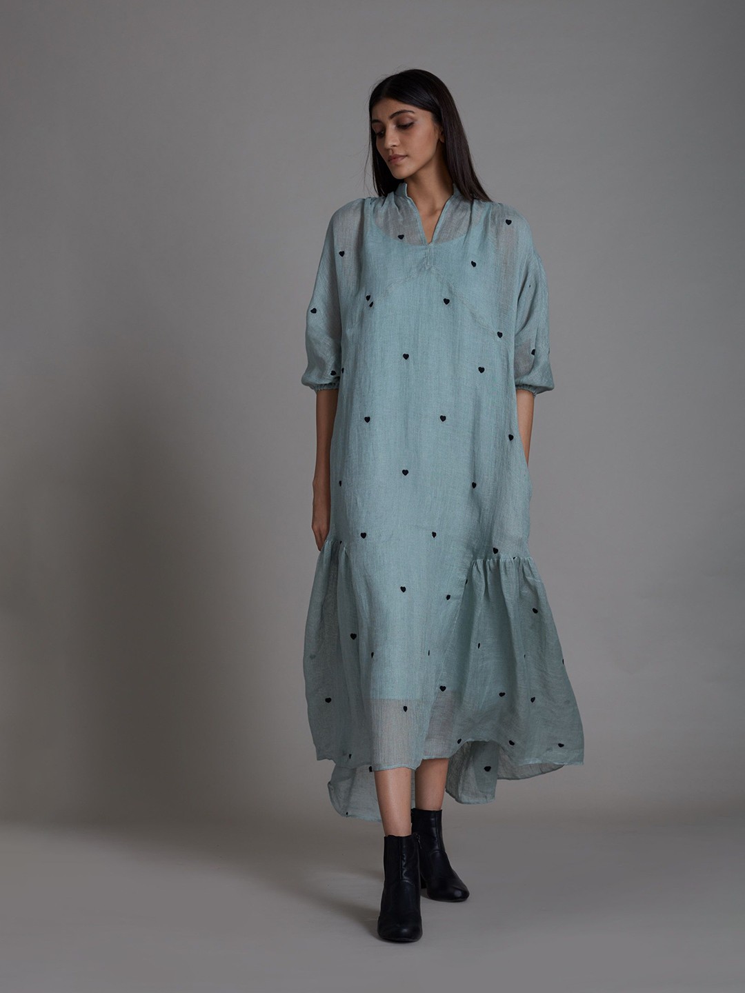 

MATI Flared Sleeve Linen Maxi Dress, Blue
