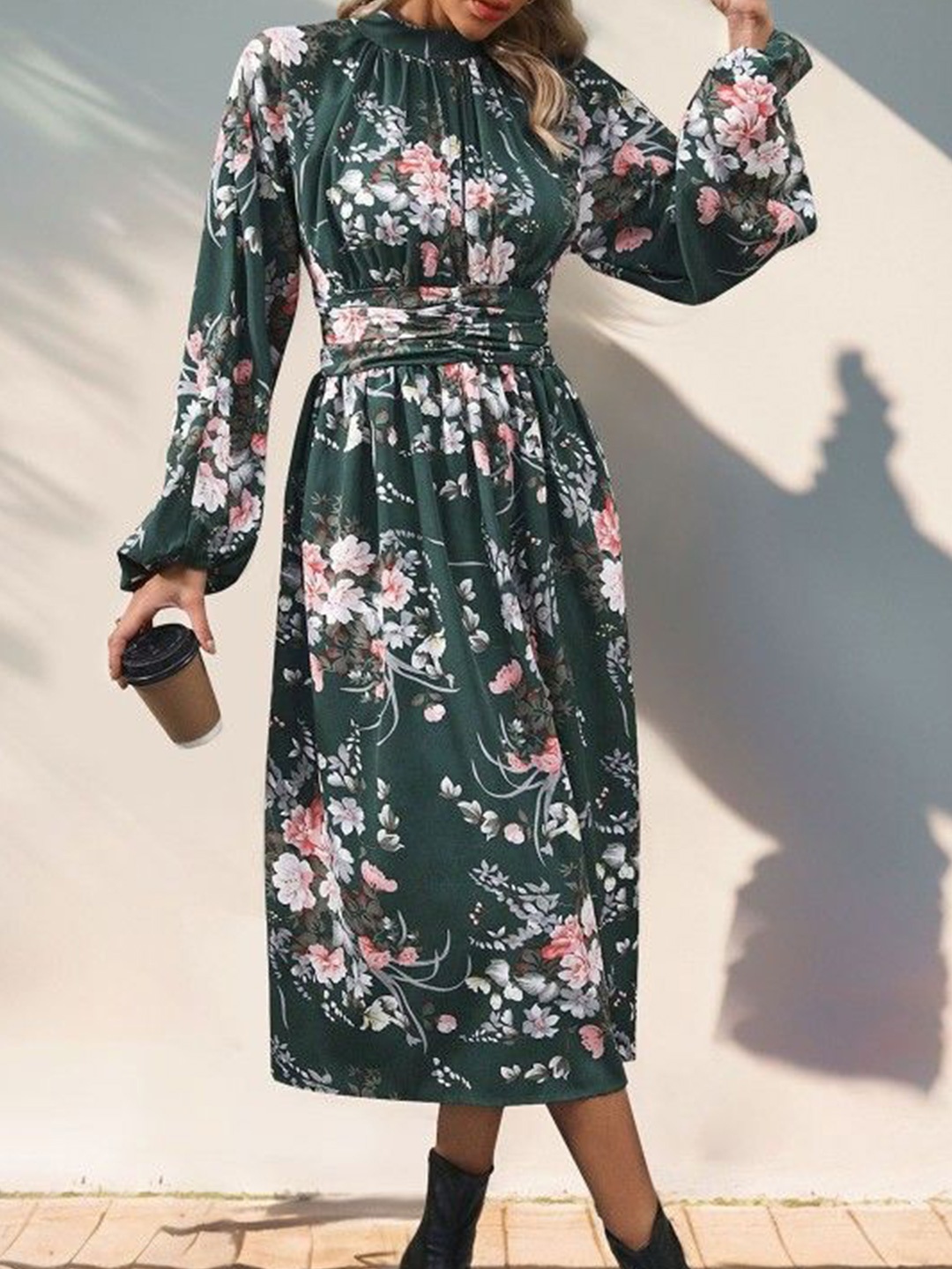 

HERE&NOW Floral Print Puff Sleeve Fit & Flare Midi Dress, Green