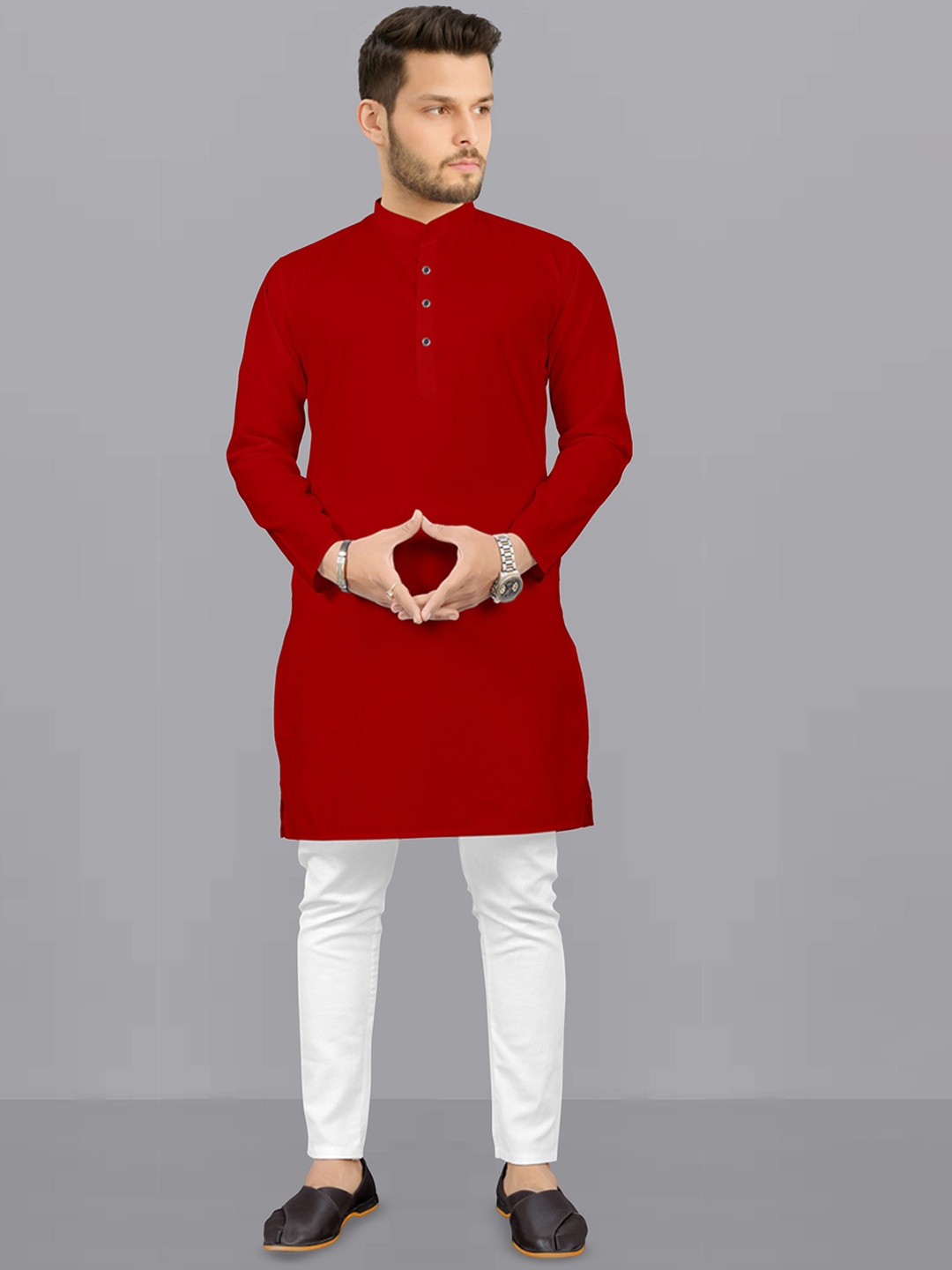 

Fashion FRICKS Band Collar Straight Kurta With Pyjamas, Red
