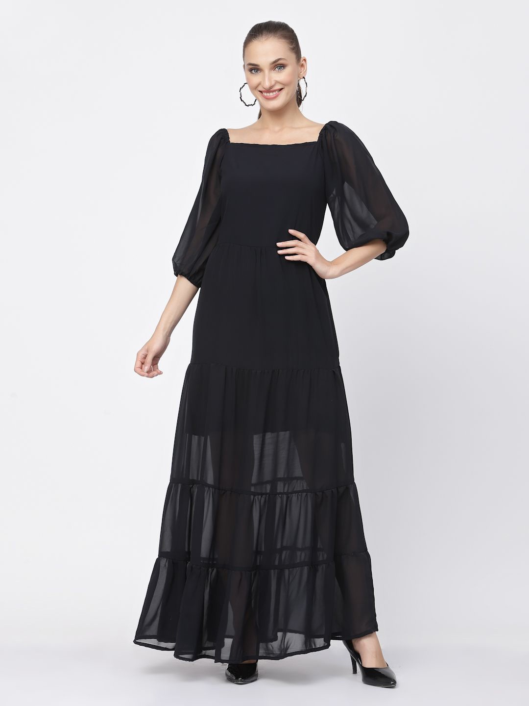 

DELIS Puff Sleeve Georgette Fit & Flare Maxi Dress, Black