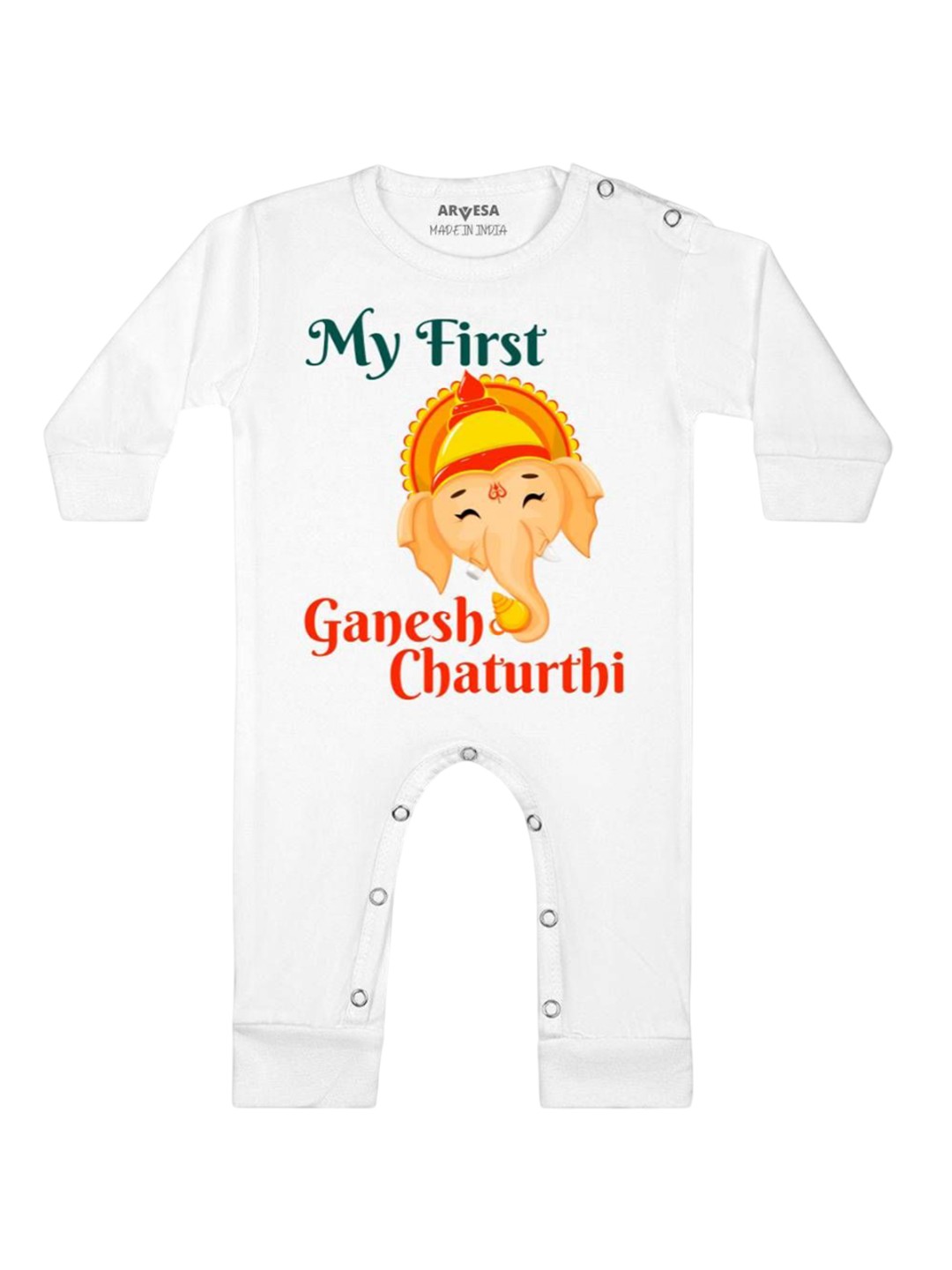 

Arvesa First Ganpati Printed Baby Romper, White