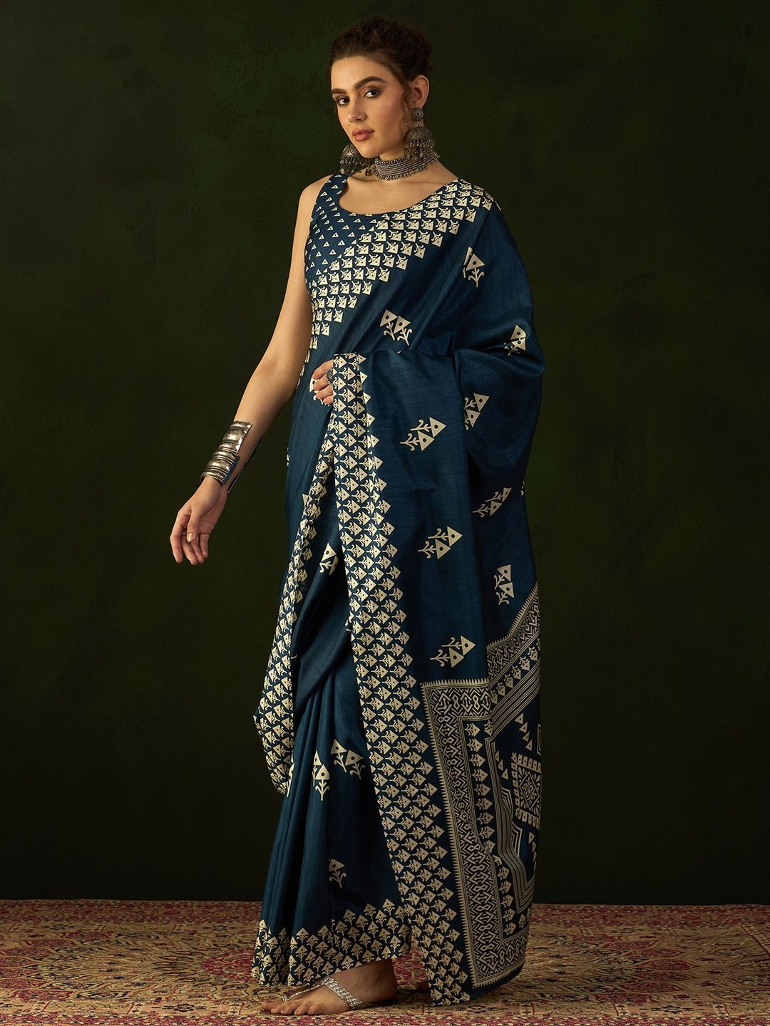 

Mitera Ethnic Motifs Block Print Saree, Teal