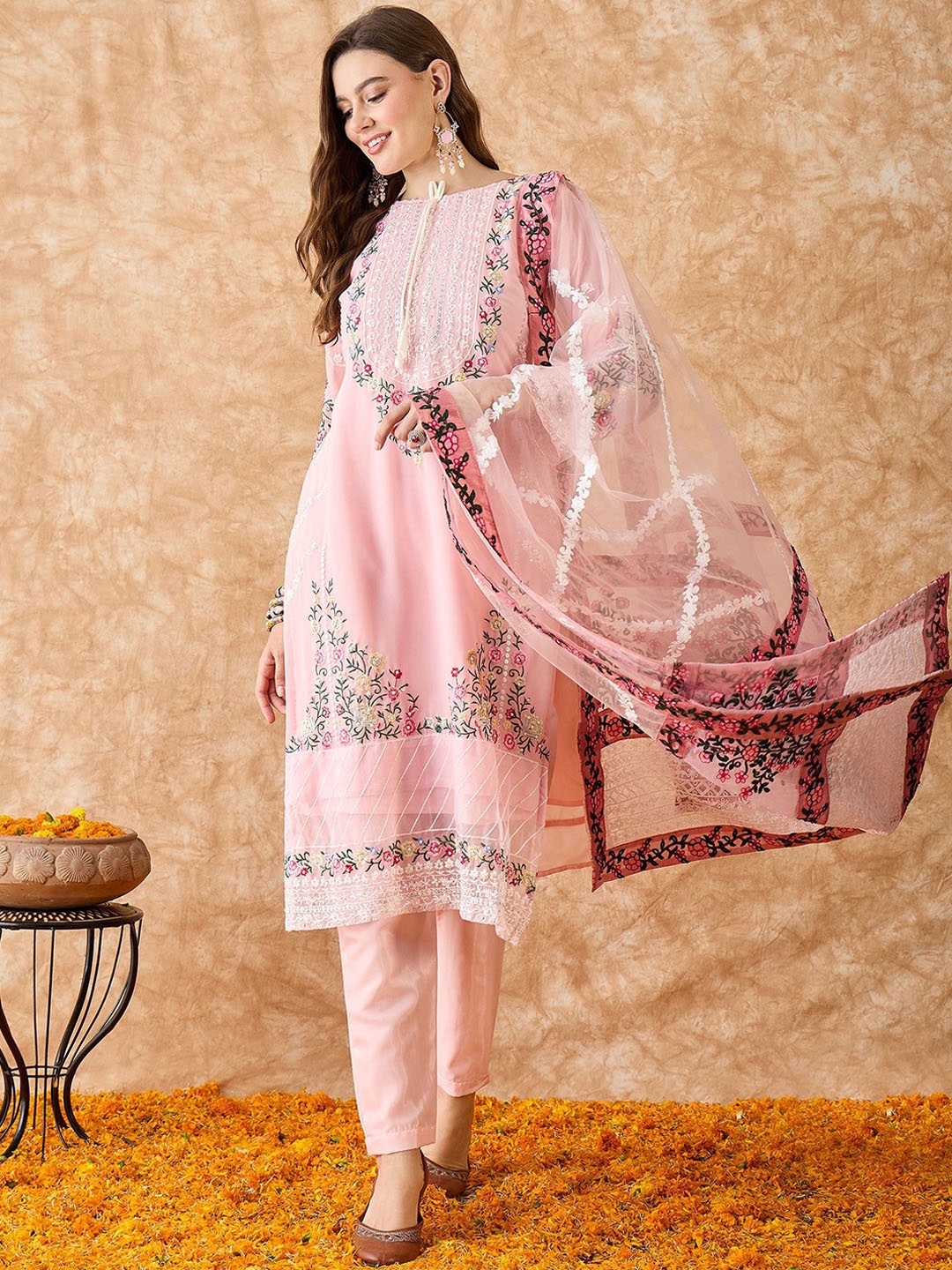 

SAINOOR Floral Embroidered Silk Georgette Unstitched Dress Material, Pink