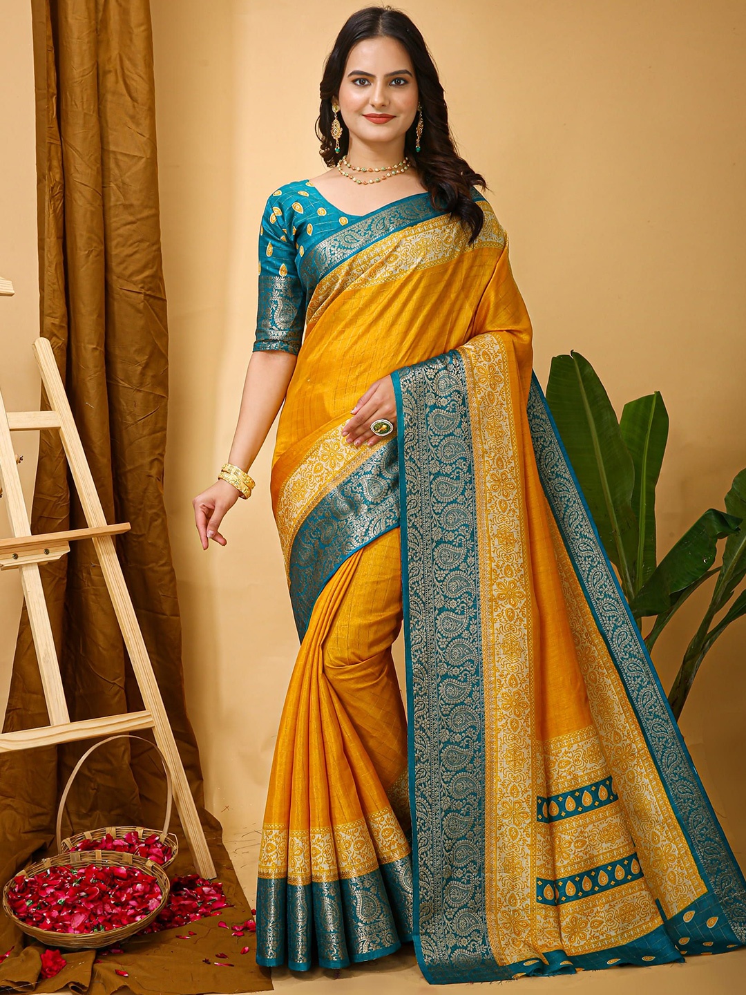 

V3 FASHION STUDIO Zari Art Silk Banarasi Saree, Yellow