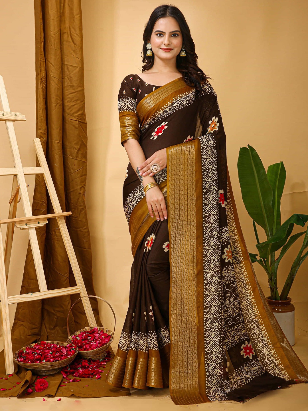 

V3 FASHION STUDIO Ethnic Motifs Zari Art Silk Saree, Brown