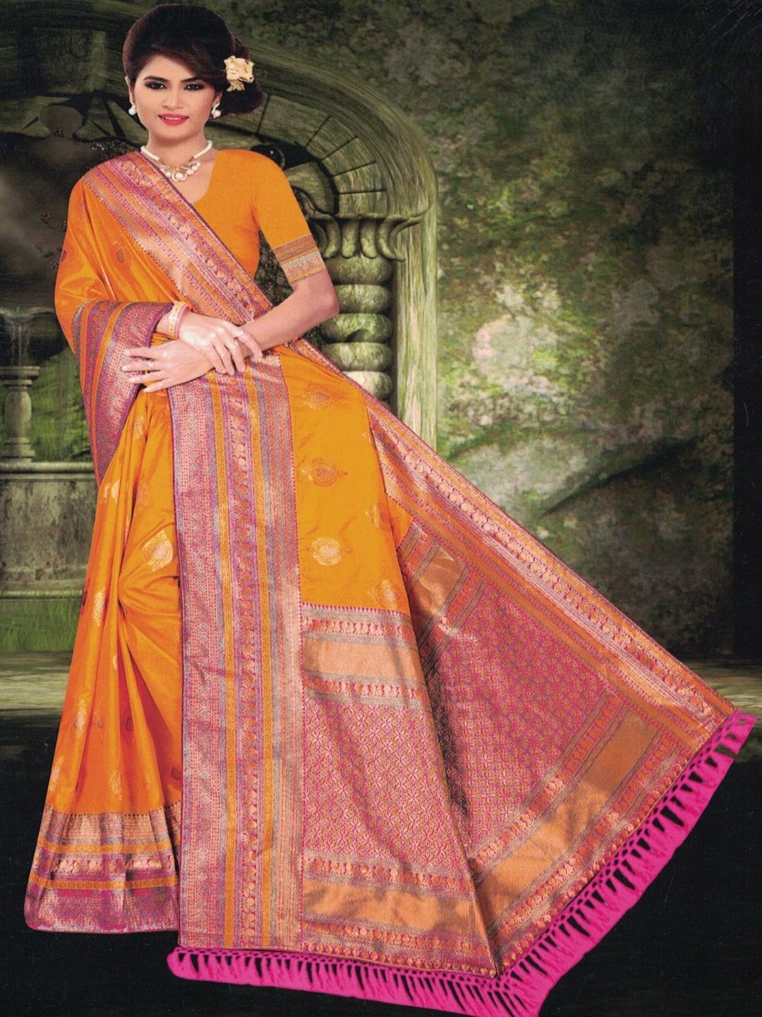 

SHOPPKEE Ethnic Motifs Zari Silk Blend Banarasi Saree, Yellow