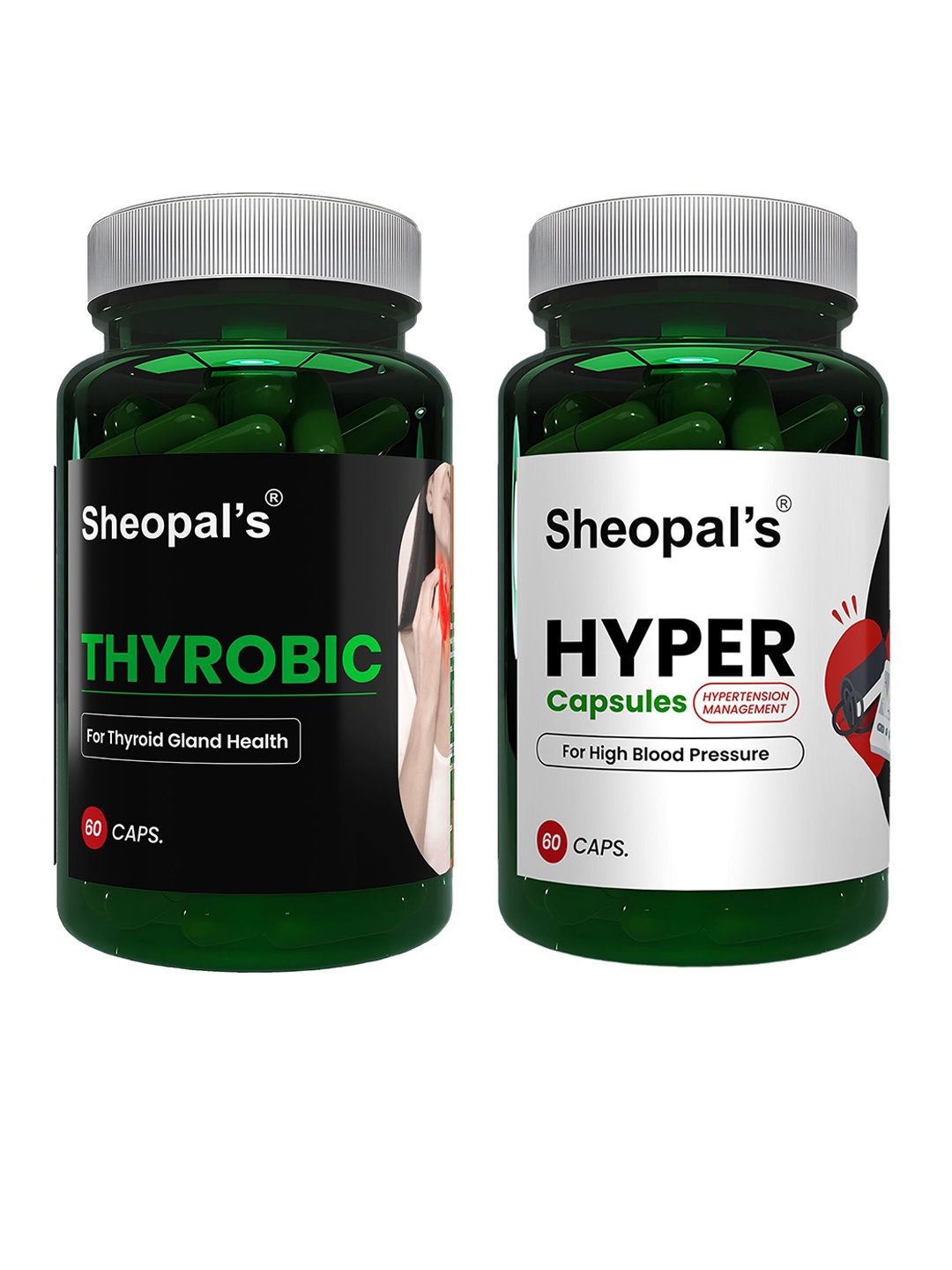 

Sheopal's Set Of 2 Thyrobic & Hyper Capsules For Hypertension- 60 Capsules Each, Green