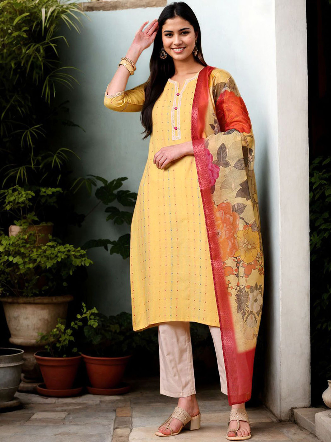 

Anouk Woven Design Notch-Neck Straight Pure Cotton Kurta With Trousers And Dupatta, Yellow