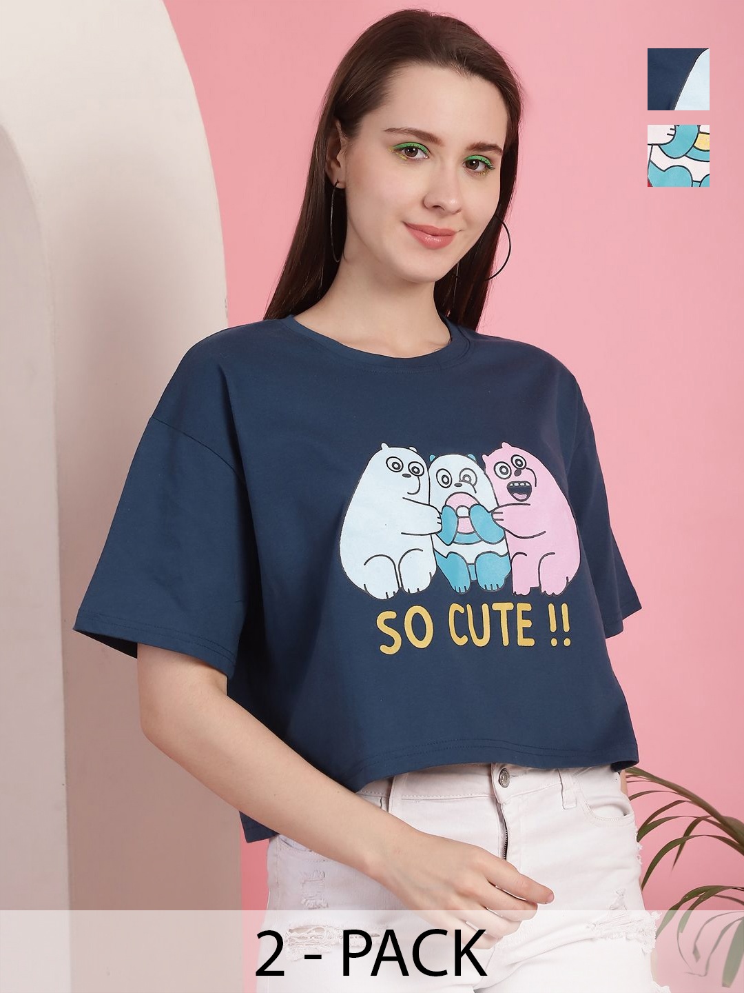 

Dreambe Women Pack of 2 Graphic Printed Round Neck Cotton Boxy T-shirts, Teal