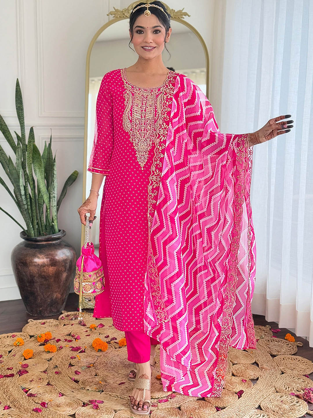 

NIZA FASHION Women Ethnic Motifs Embroidered Regular Kurta with Trousers & With Dupatta, Pink