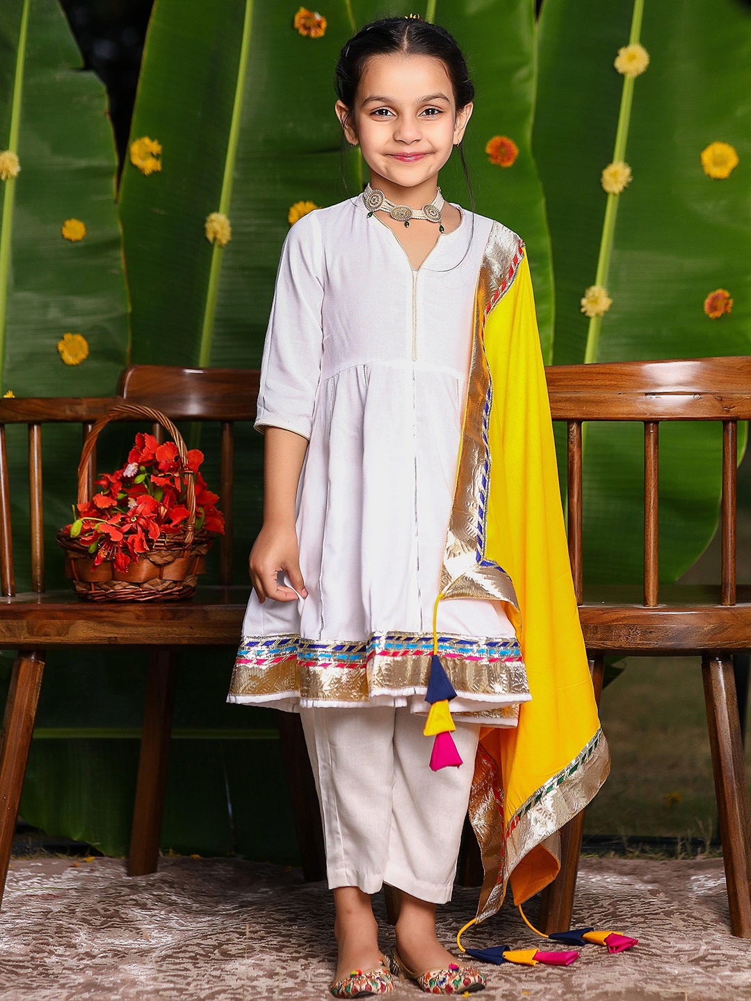 

Thread & Button Girls Regular Kurta with Trousers & With Dupatta, White