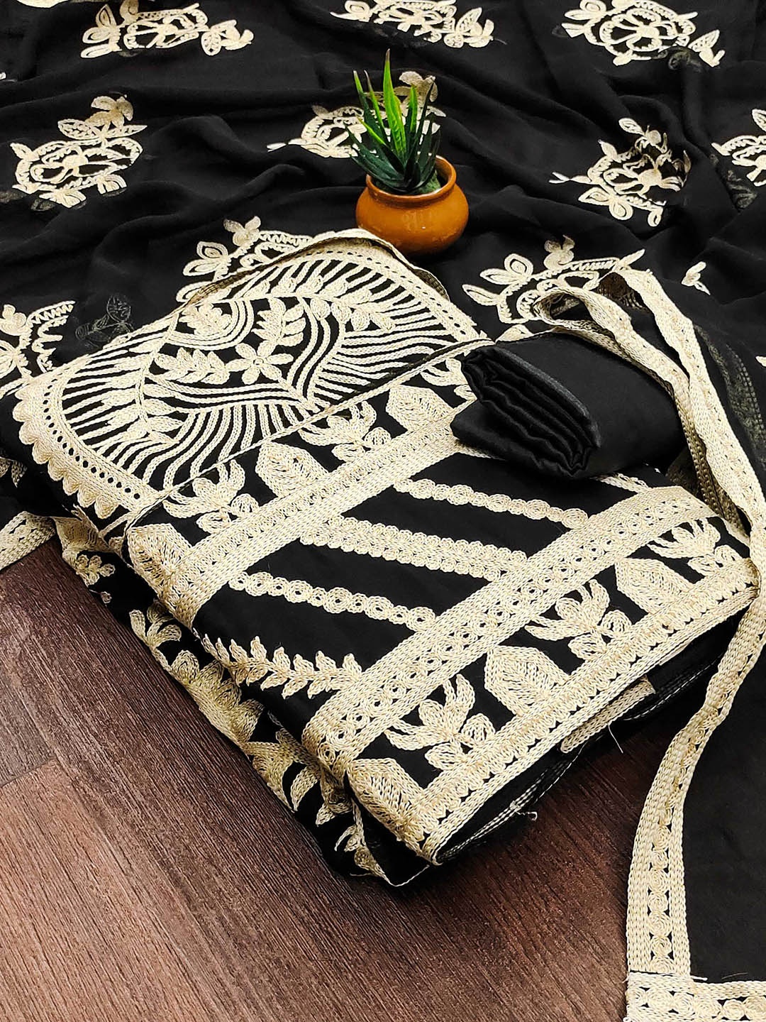 

SAINOOR Embroidered Silk Georgette Unstitched Dress Material, Black