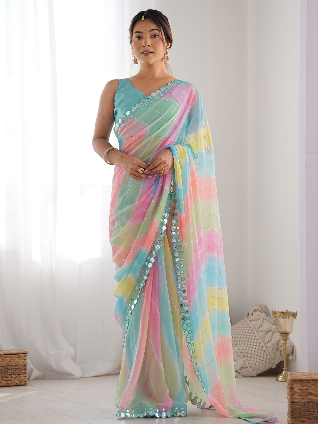 

DIVASTRI Striped Mirror Work Saree With Unstitched Blouse Piece, Blue
