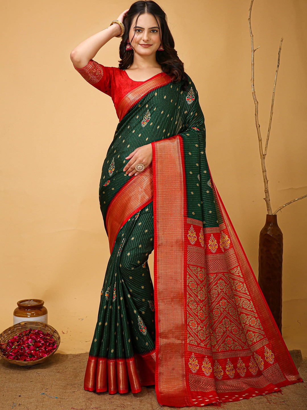 

V3 FASHION STUDIO Ethnic Motifs Zari Art Silk Saree, Green